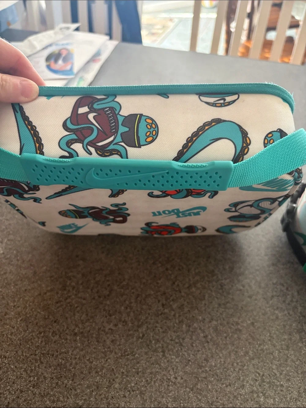 Nike Kids Teal and Beige Graphic Lunch Tote - Just Do It Print